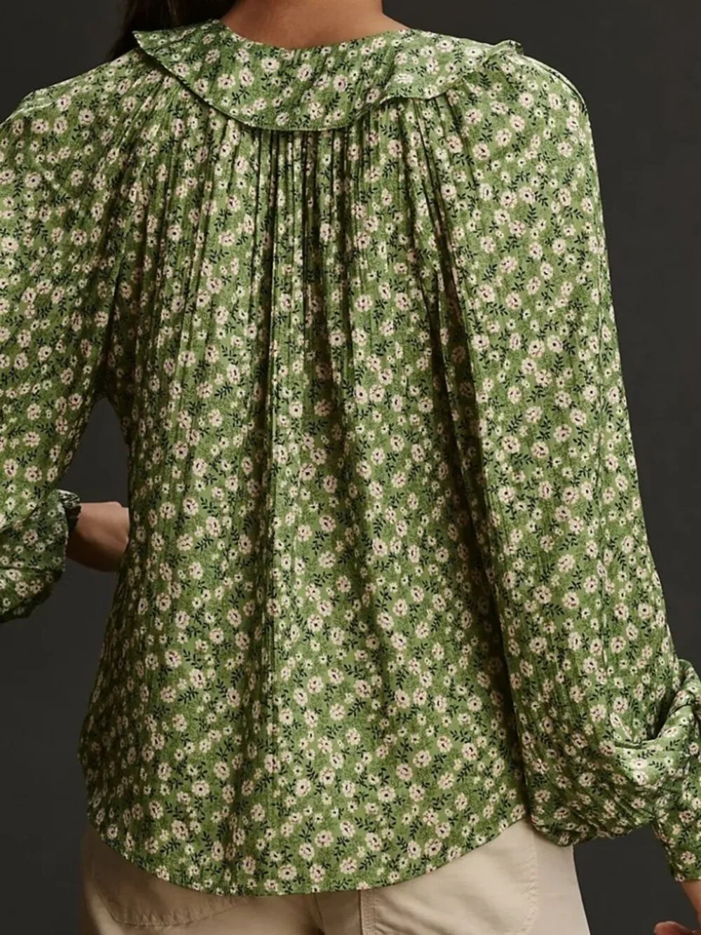 Anthropologie Button-Front Peasant Blouse Green Floral Satin NWT Size M - Picture 2 of 7